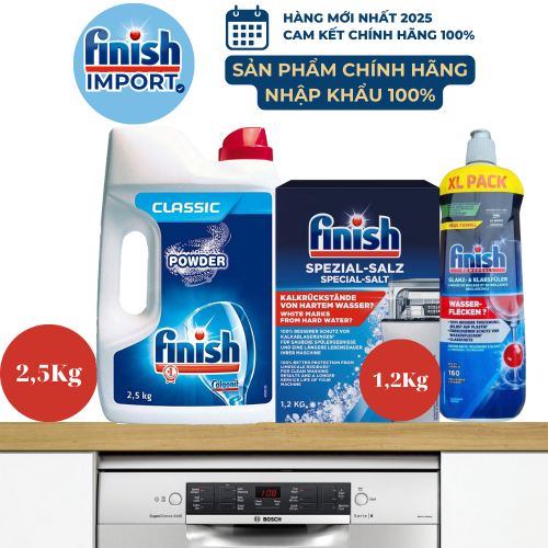 Combo siêu lợi: Bột rửa chén Finish Classic 2,5kg (250 lần dùng) + 1,2kg muối làm mềm nước Finish + 800ml nước làm bóng Finish